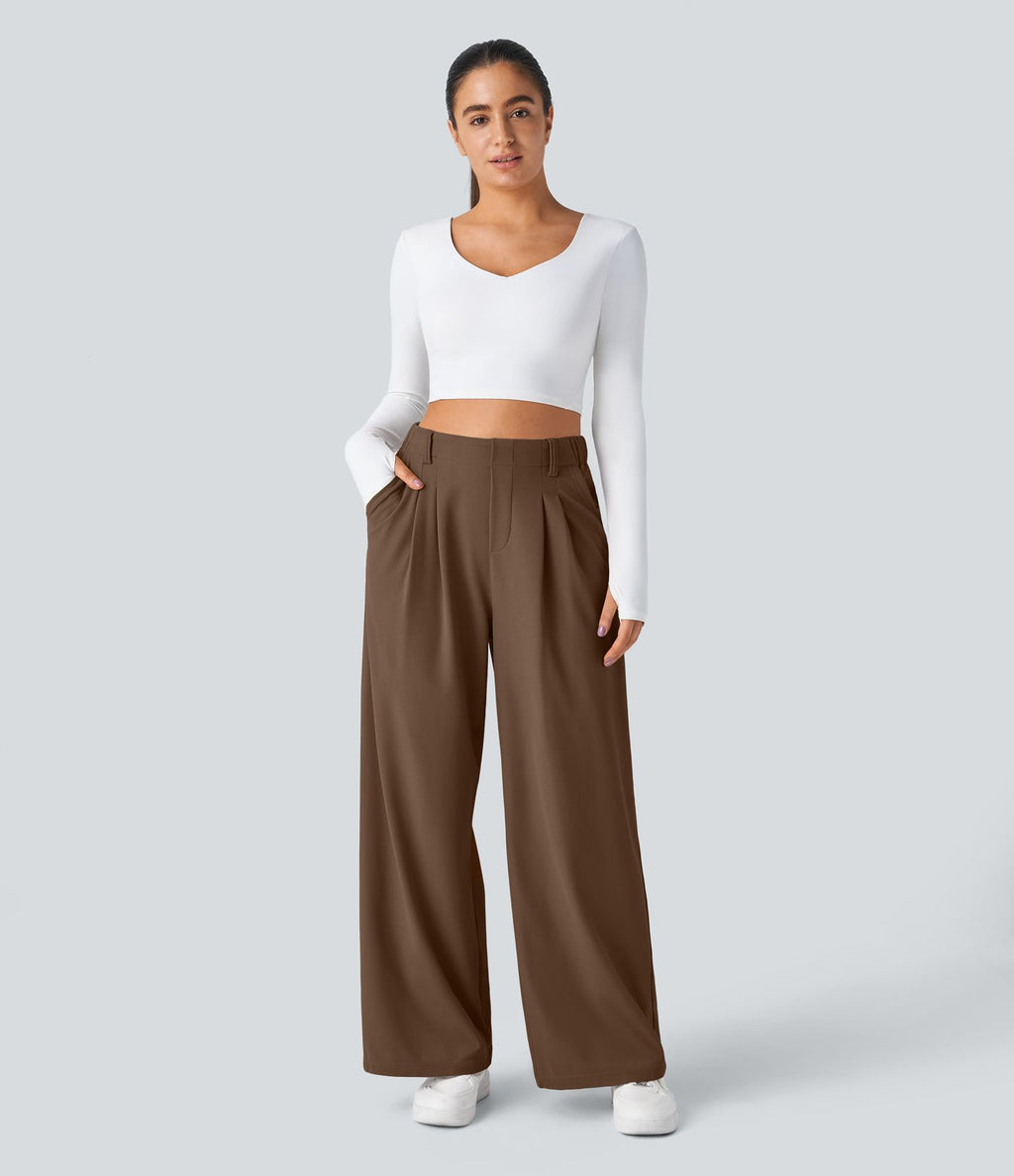 Halara Flex™ Pantalon Tailleur Large Fluide Gaufré Taille Haute Poches Latérales