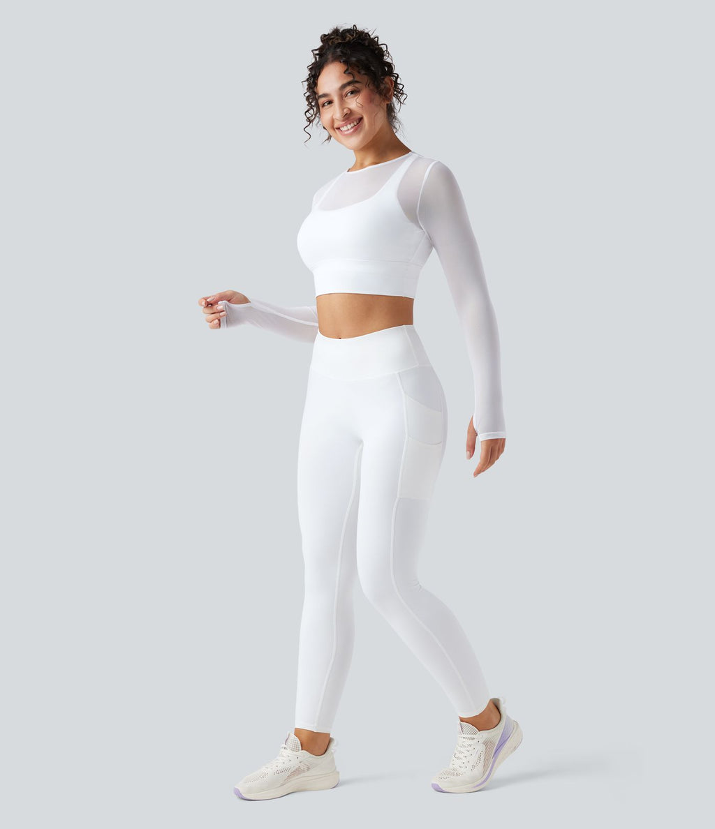 Haut de sport yoga cropped 2-en-1 manches longues mesh contrastant à trous pouces