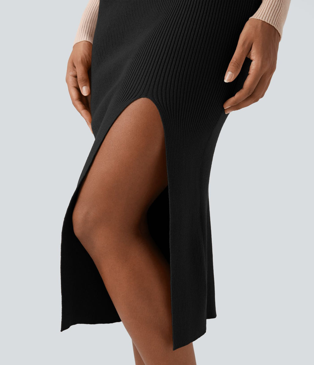 Jupe pull mi-longue moulante fendue taille haute