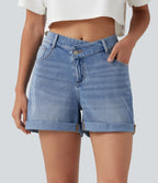 Short denim décontracté Halara Flex™ asymétrique délavé taille haute ourlet roulotté avec poches