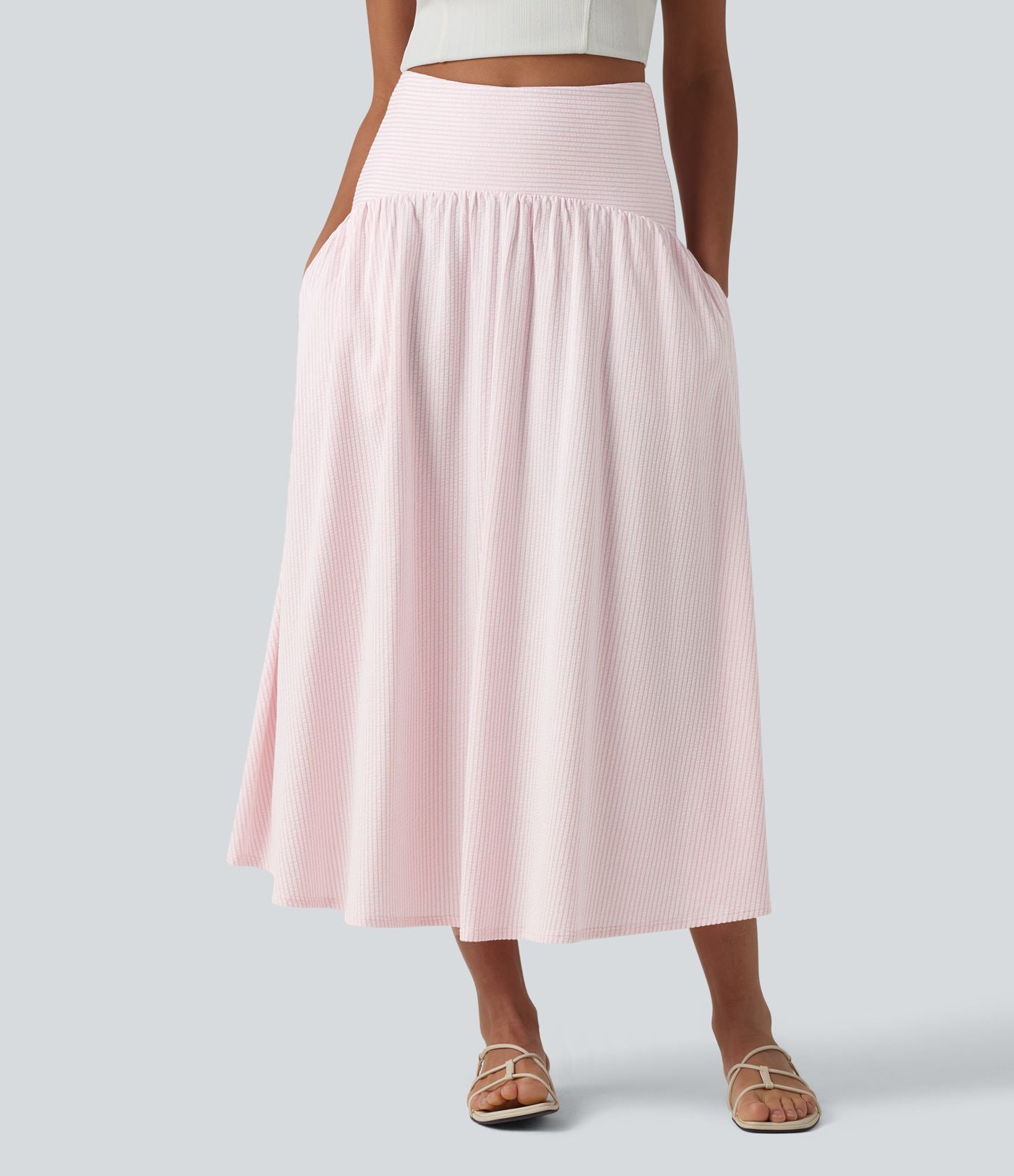 Jupe fluide midi casual taille haute à rayures en coton froissé, avec poches