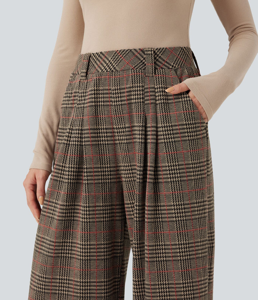 Pantalon taille haute décontracté large à carreaux, avec poches