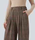 Pantalon taille haute décontracté large à carreaux, avec poches