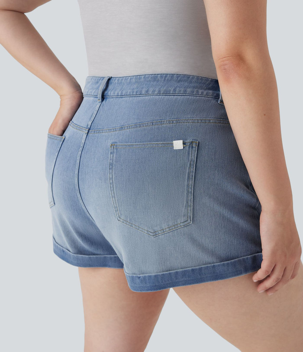 Short décontracté Halara Flex™ grande taille taille mi-haute bouton fermeture éclair en denim maille extensible multiples poches 7,5 cm