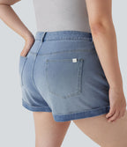 Short décontracté Halara Flex™ grande taille taille mi-haute bouton fermeture éclair en denim maille extensible multiples poches 7,5 cm
