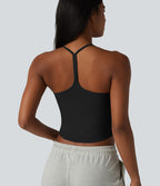 Débardeur décontracté col U dos en Y à effet frais InstantCool, ourlet arrondi et brassière intégrée à séchage rapide, protection solaire UPF50+