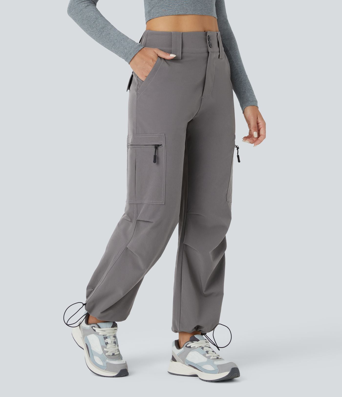 Jogging Casual Cargo Ajustables à Taille Mi-Haute avec Bouton Zip Multiples Poches et Cordon de Serrage