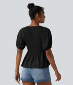 Blouse décontractée col V manches courtes bouffantes avec fronces