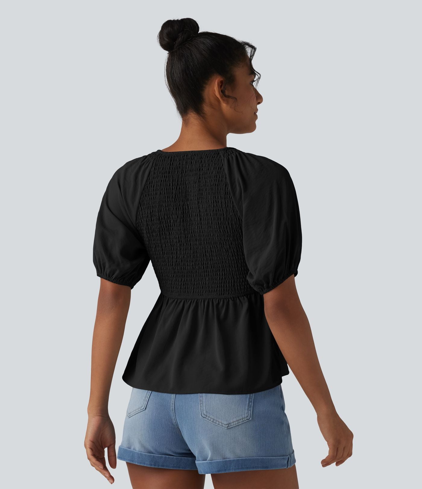 Blouse décontractée col V manches courtes bouffantes avec fronces