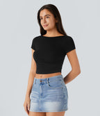 T-shirt court décontracté à encolure bateau, manches courtes et fronces