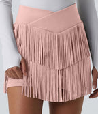 Jupe mini de soirée ajustée effet daim taille haute croisée 2-en-1 à franges
