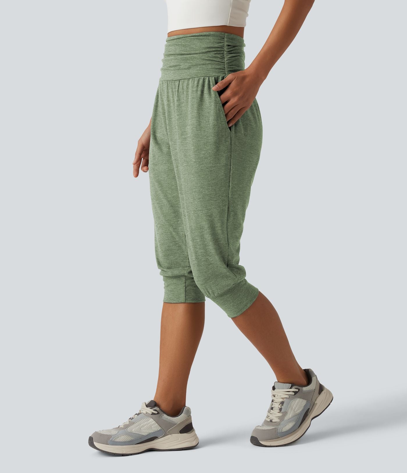 Jogging yoga corsaire chiné taille haute à fronces avec poches