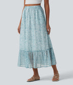 Jupe mi-longue fluide casual imprimé floral taille haute avec poches