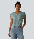 T-shirt décontracté col V manches courtes boutons décoratifs