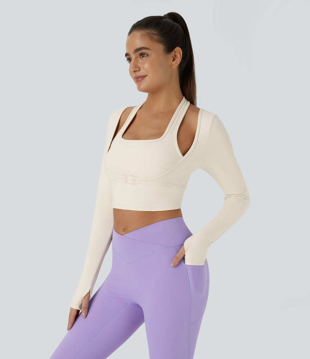 Softlyzero™ Plush Top Sport Yoga Manches Longues Trou pour le Pouce Dos Nu Col Halter