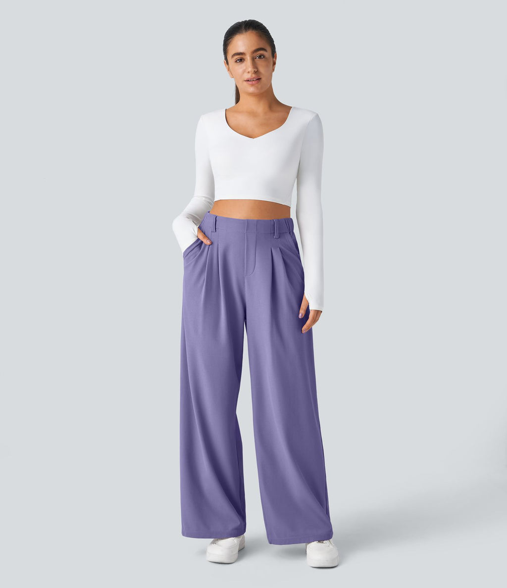 Halara Flex™ Pantalon Tailleur Large Fluide Gaufré Taille Haute Poches Latérales