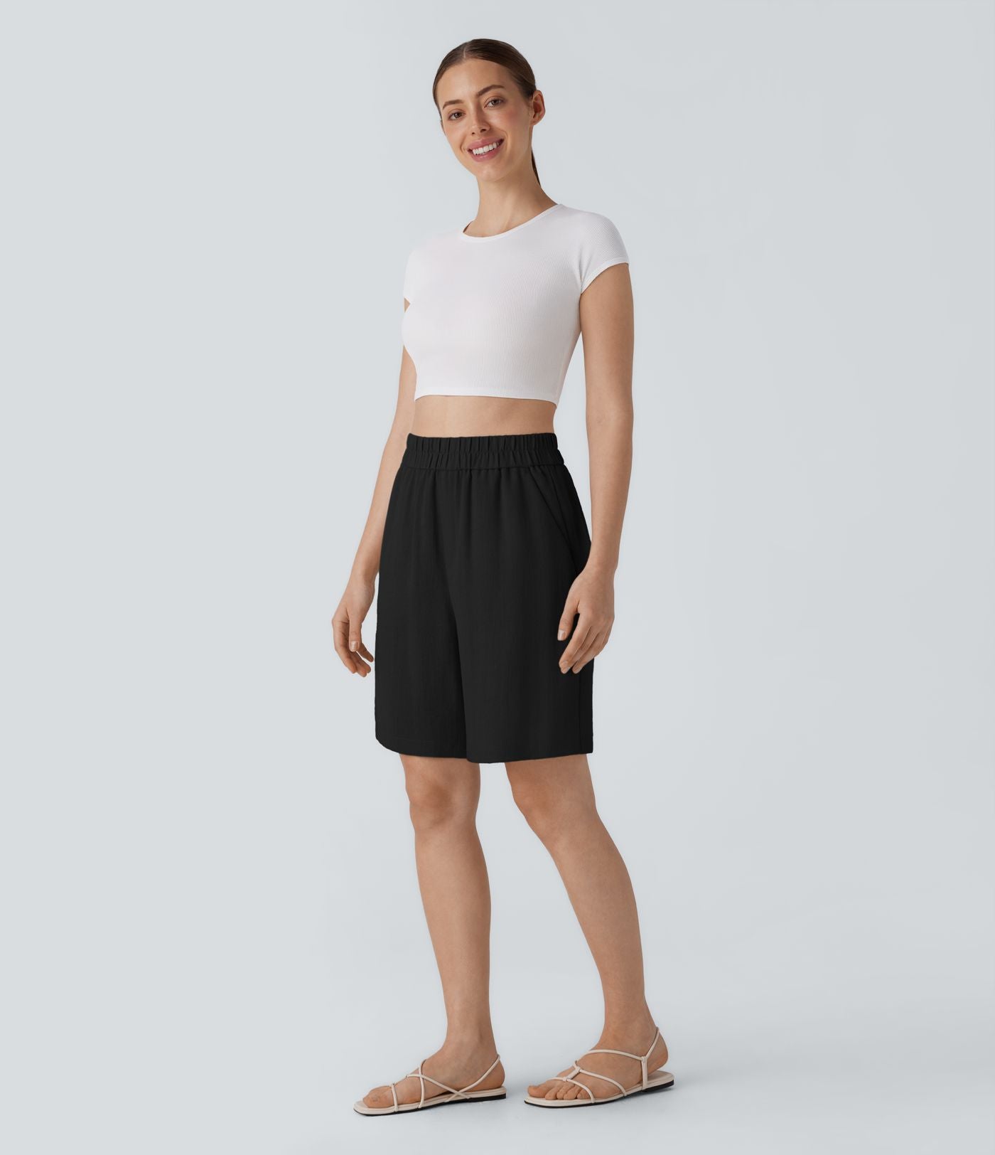 Short Bermuda Décontracté Taille Haute avec Poches Latérales