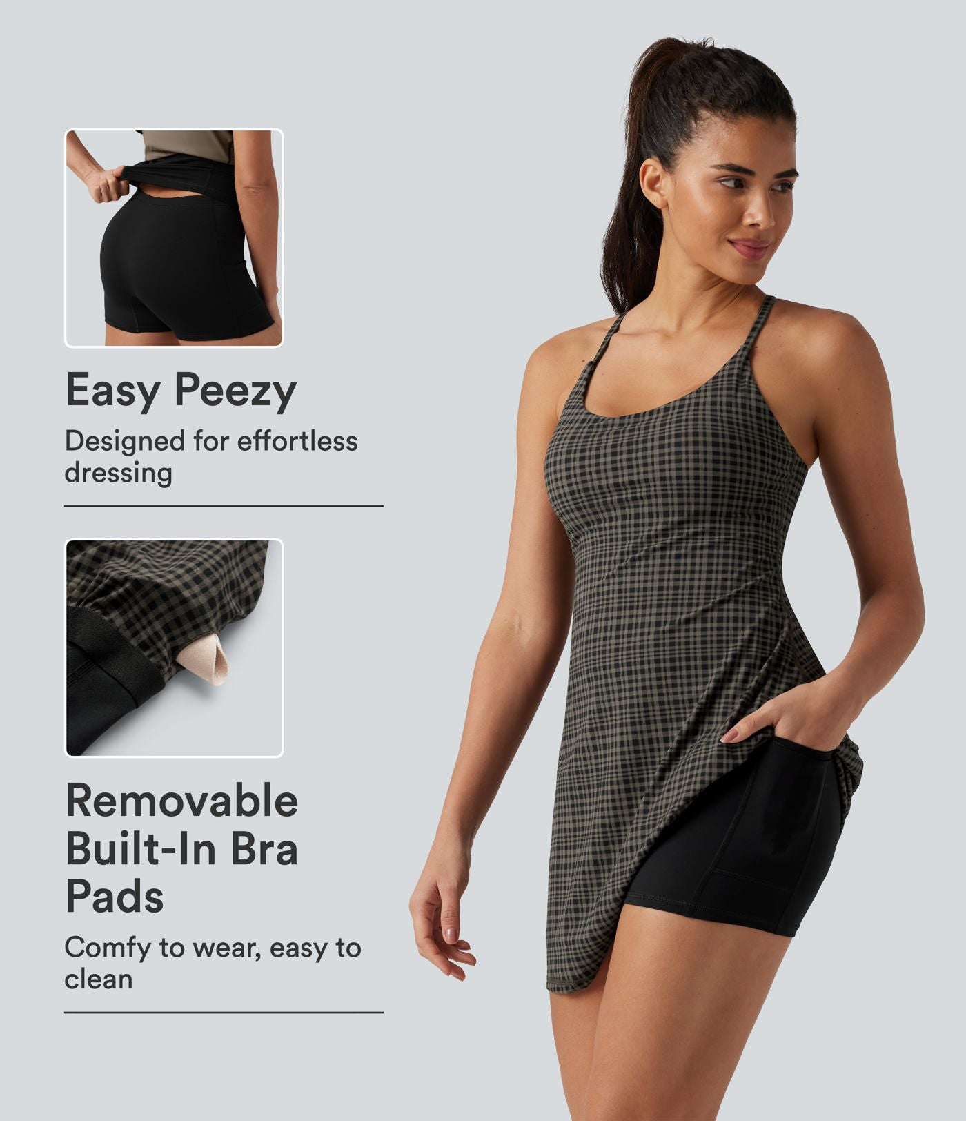 Robe sport de danse mini 2-en-1 avec brassière intégrée UltraSculpt™ à imprimé à carreaux avec poches - Édition Easy Peasy
