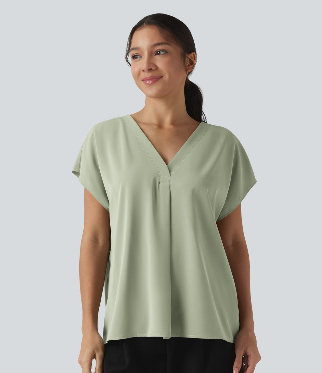 Blouse esprit bureau oversize défroissage facile, col V et manches courtes