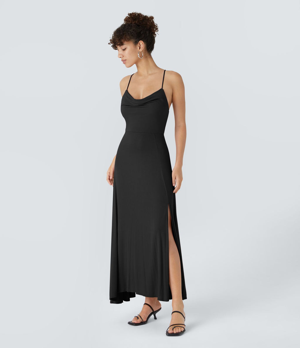 Robe Soirée Midi Encolure Côtelée Dos Nu Lacets Croisés Fendue