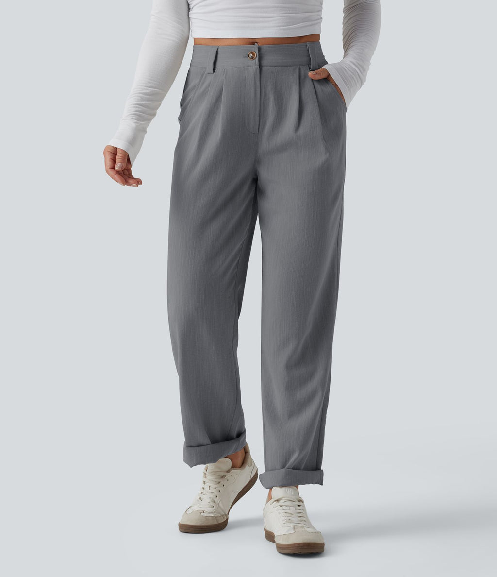 Pantalon décontracté mi-taille effet lin avec poches