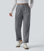 Pantalon décontracté mi-taille effet lin avec poches