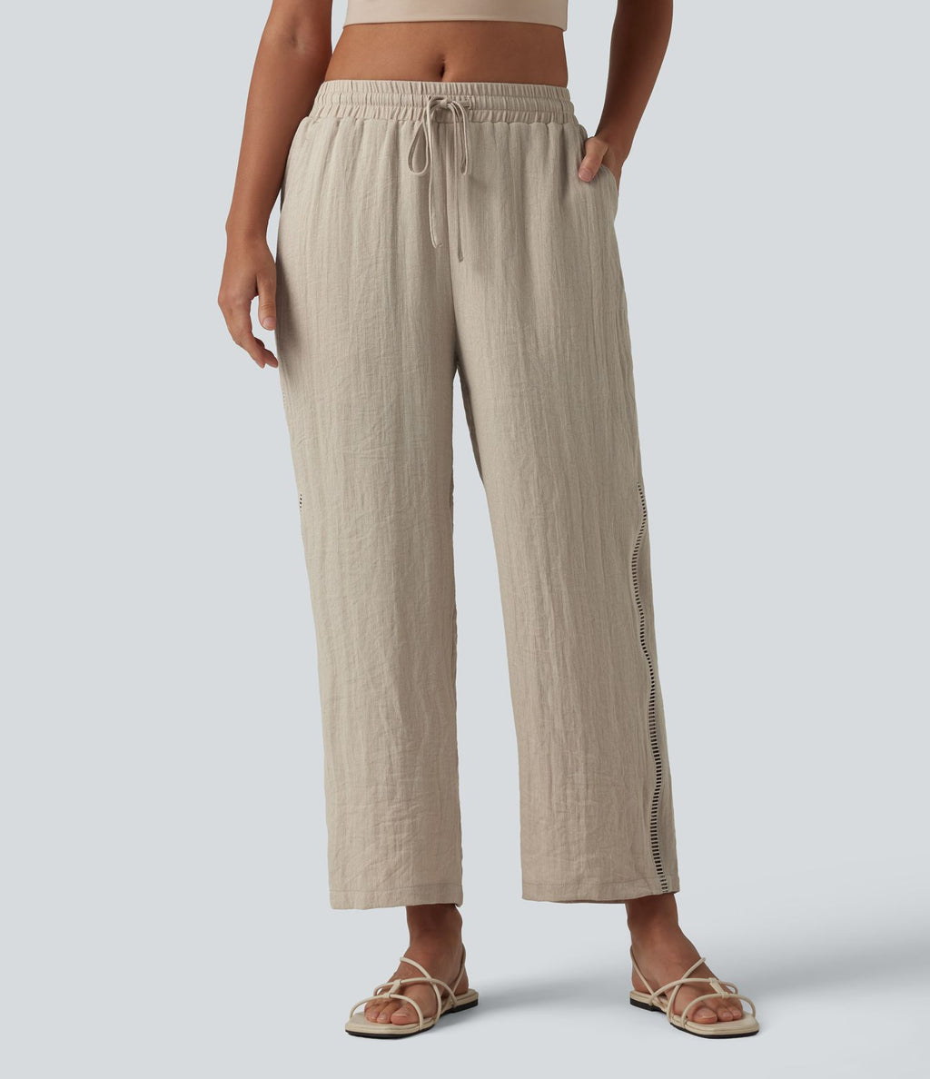 Pantalon droit taille mi-haute aspect lin avec cordon de serrage et poches