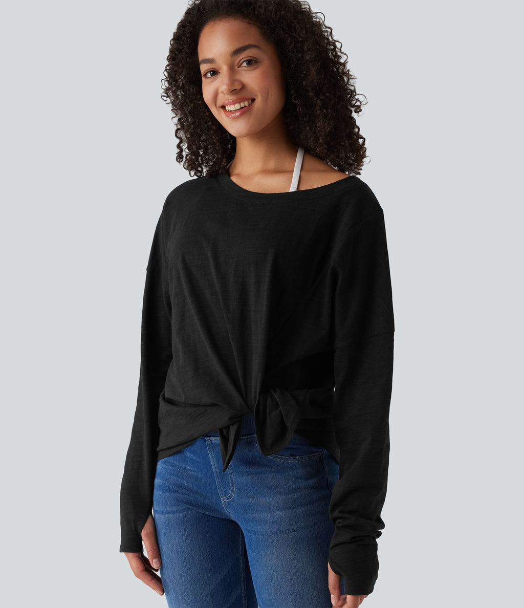 T-shirt casual en coton col bateau manches longues avec trous pour pouces et liens latéraux
