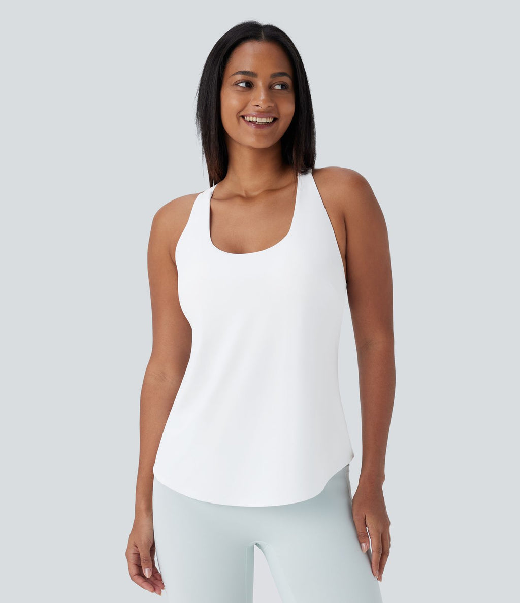 Débardeur yoga dos nu col U avec bretelles croisées, ourlet arrondi et effet frais InstantCool, protection solaire UPF50+