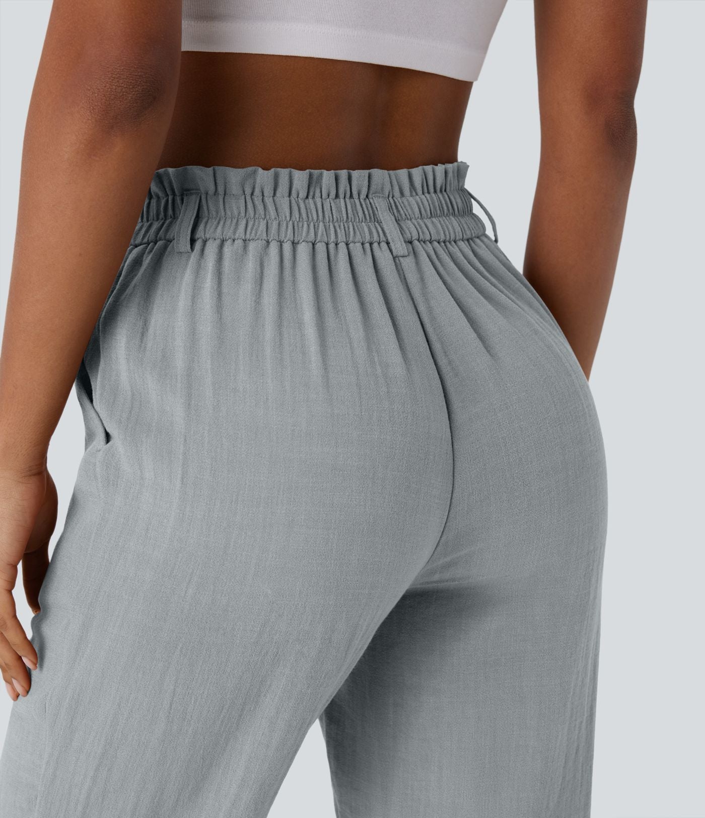 Pantalon capri effet lin taille haute avec poches zippées