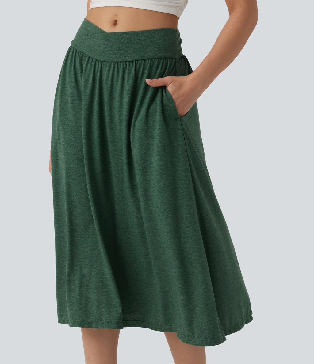 Jupe midi casual fluide croisée taille haute avec poches