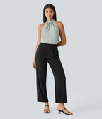 Blouse Travail Sans Manches Ourlet Courbé Col Haut Découpe au Dos Plis