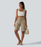 Short décontracté taille haute en lin mélangé avec cordon de serrage et poches, 25 cm