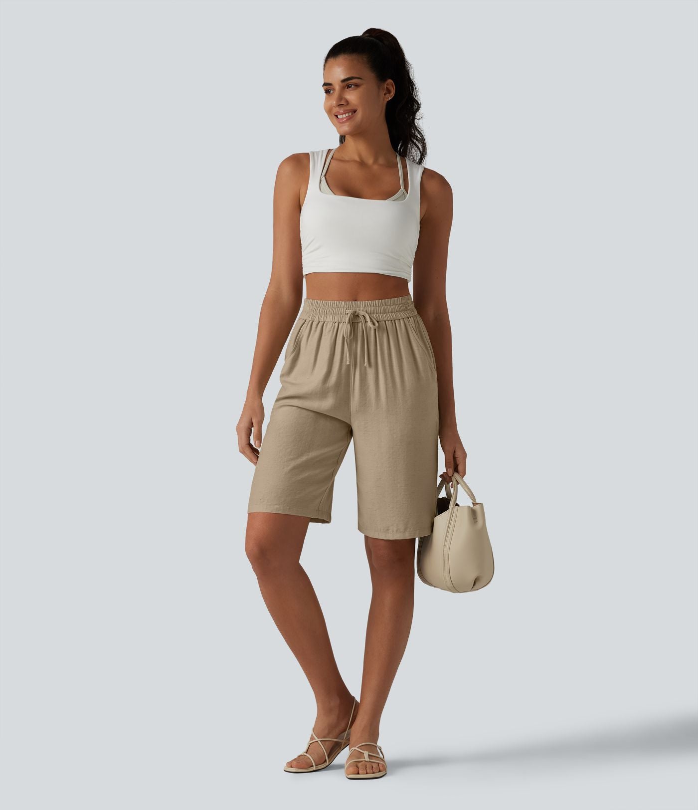 Short décontracté taille haute en lin mélangé avec cordon de serrage et poches, 25 cm