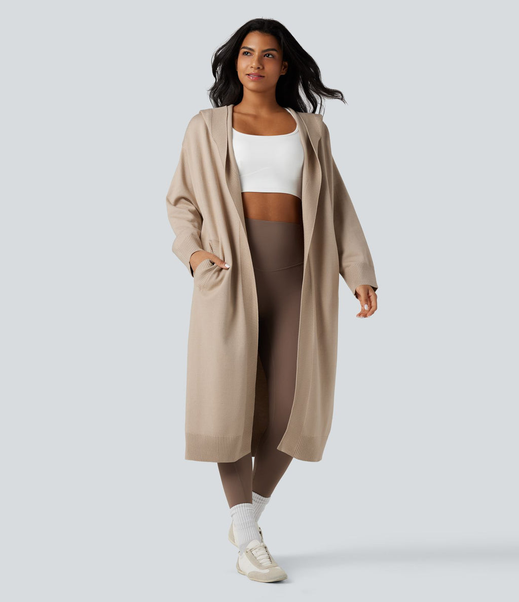 Cardigan long à capuche manches longues avec poches