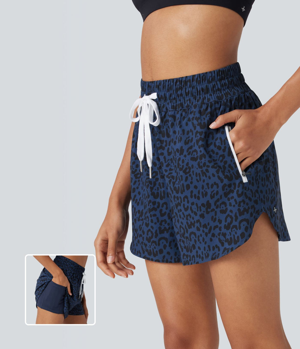 Short de jogging 2-en-1 taille haute avec cordon à imprimé léopard et ourlet incurvé avec poches