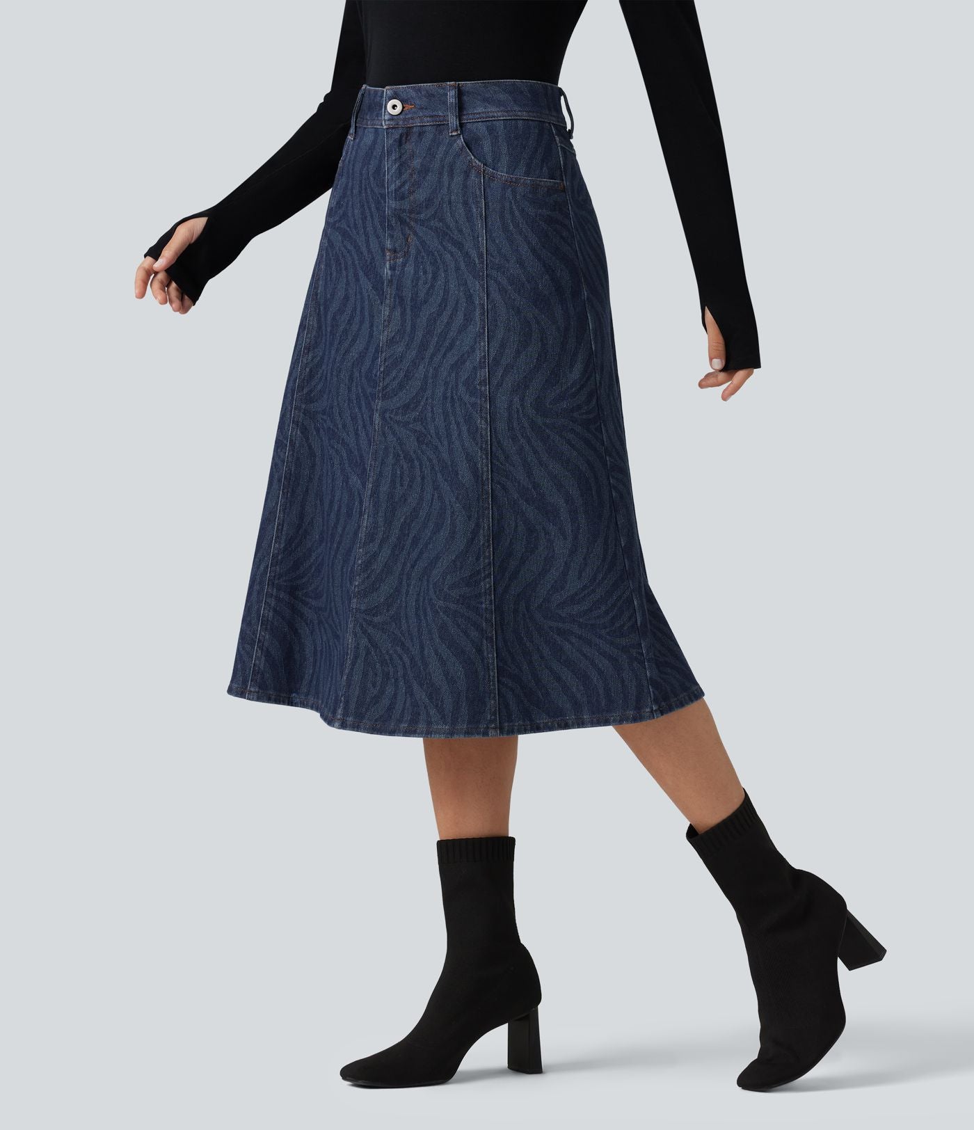 Jupe en jean midi casual Halara Flex™ taille mi-haute avec poches