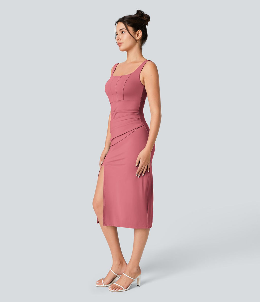 Robe corset midi moulante ruchée à encolure carrée, dos nu, brassière intégrée