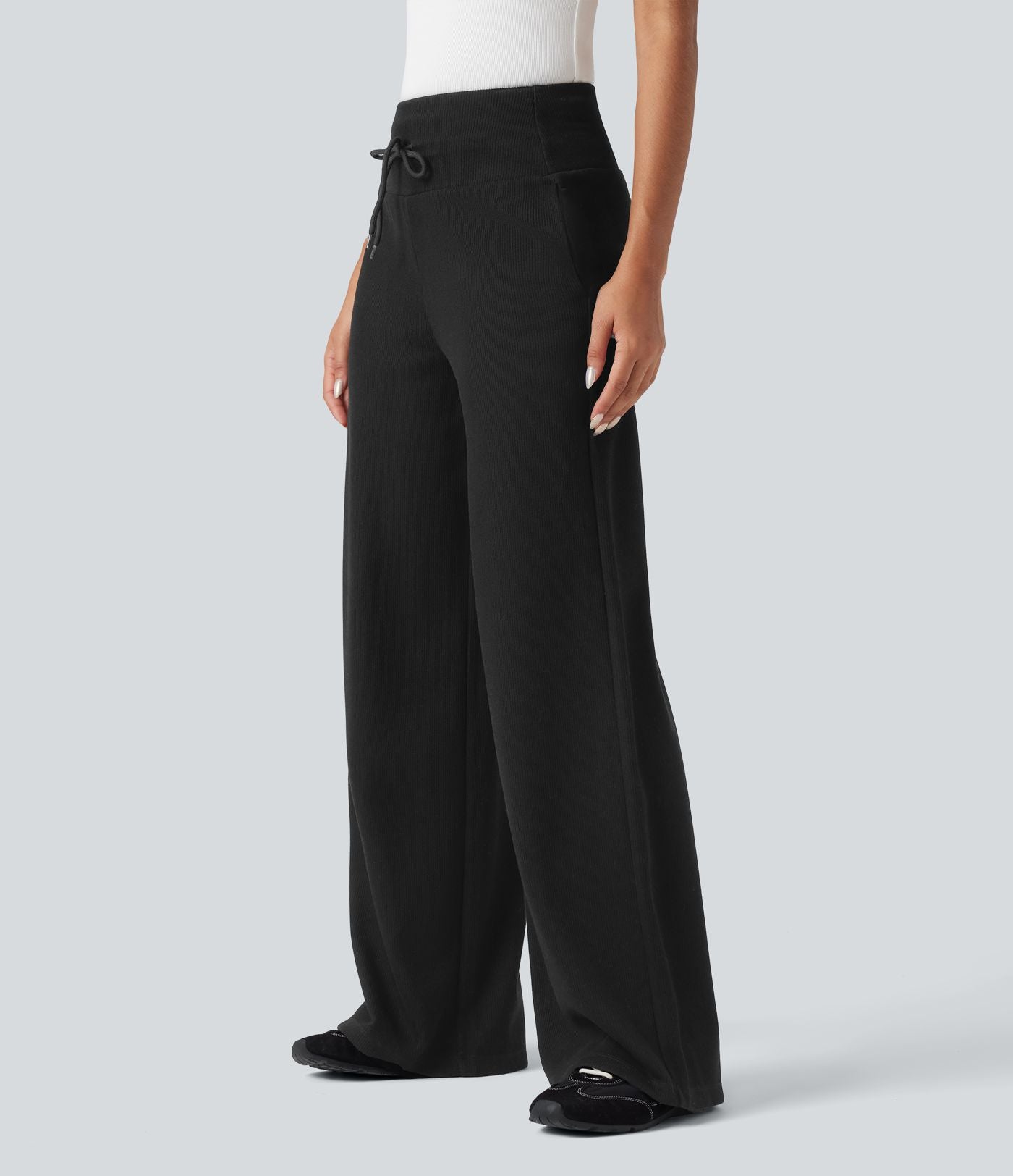 Pantalon jogging large décontracté côtelé gainant taille haute avec cordon de serrage et poches