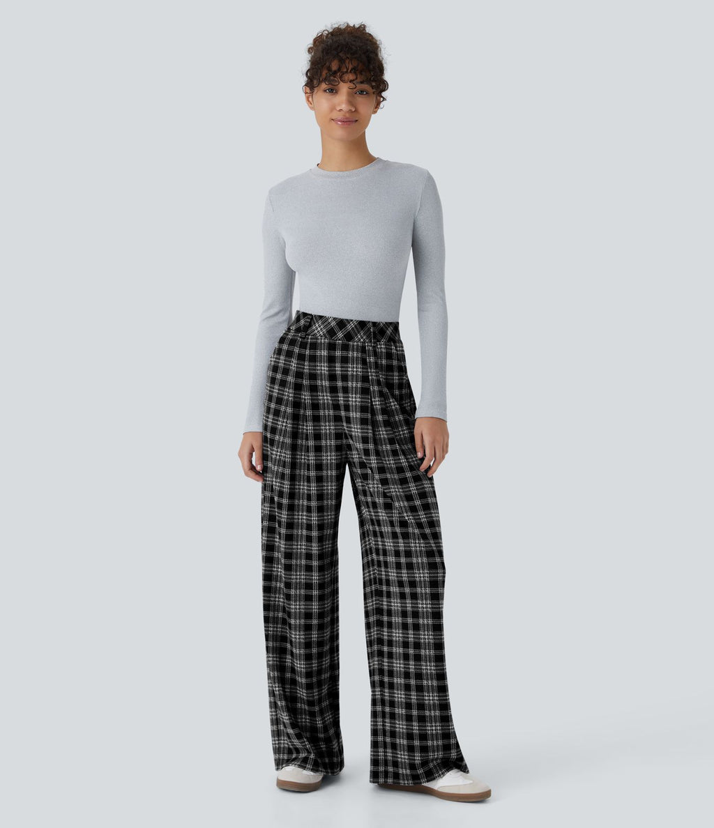 Pantalon taille haute décontracté large à carreaux, avec poches