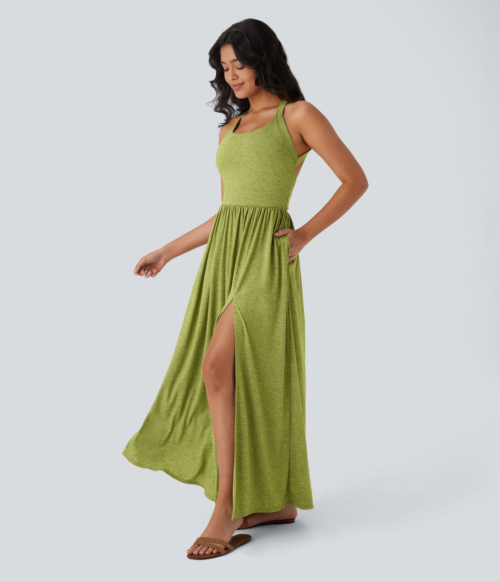 Robe longue fluide fendue avec poches latérales, dos nu et effet torsadé