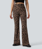 Pantalon flare taille haute en tissu gaufré imprimé léopard avec poches