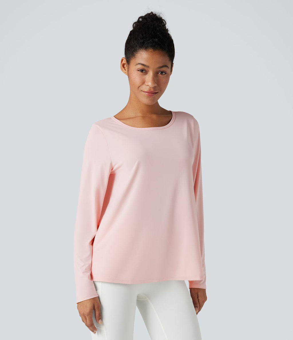 Top de sport yoga décontracté col échancré manches longues fendu
