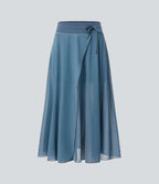 Jupe Casual Évasée Mesh Mi-Longue Fuide 2 en 1 Contrastée Taille Haute Cordon Poche Latérale