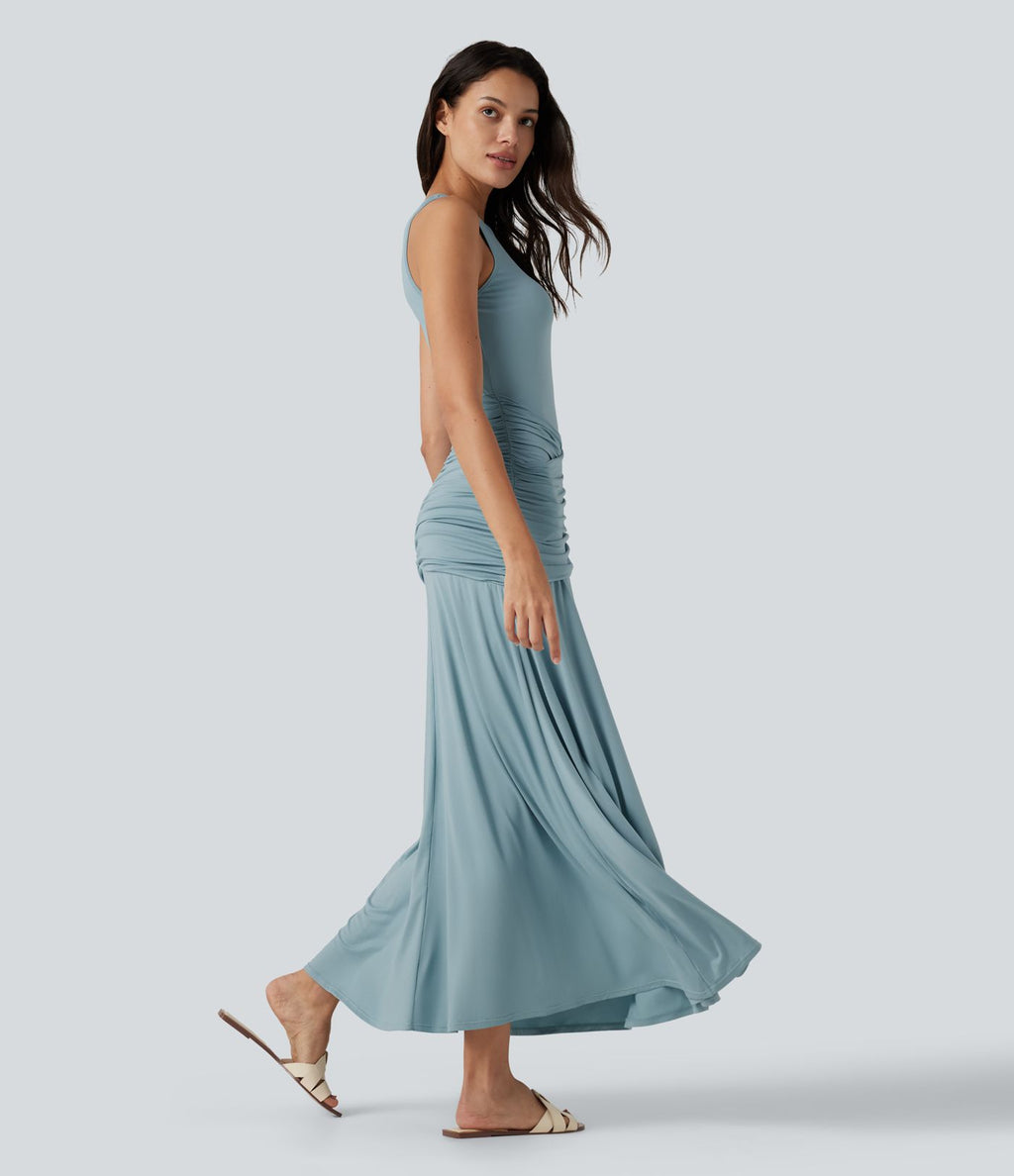 Robe maxi casual fluide sans manches col rond avec fronces et taille croisée