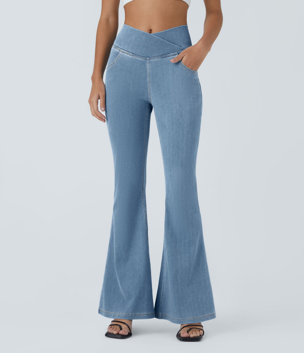 Halara Flex™ - Jean Ultra Evasé Tricot Extensible Lavé Poches Croisées Taille Haute