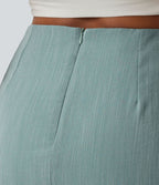 Jupe mini moulante casual 2-en-1 aspect lin taille haute avec fermeture éclair invisible, drapé froncé et ourlet croisé