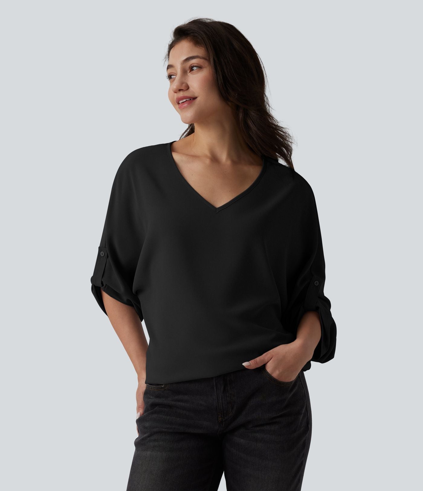 Blouse esprit bureau défroissage facile, col V et manches longues