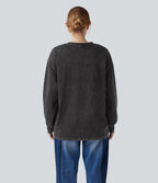 Halara Flex™ T-shirt casual délavé en denim à col rond et manches longues