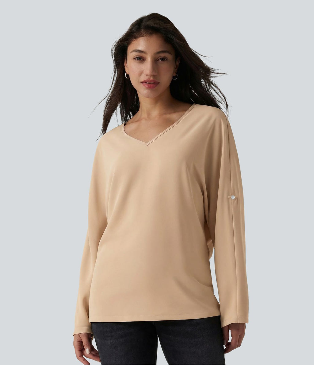 Blouse esprit bureau défroissage facile, col V et manches longues